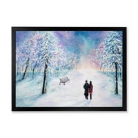 Pár szerelmes pár sétál a havas téli idők keretezett festménye vászon művészeti nyomtatás