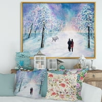 Designart 'Pár szerelmes pár sétál a havas téli időkben' hagyományos keretes vászon fali művészet nyomtatás