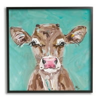 Stupell Industries rózsaszín orr tehén imádnivaló farm szarvasmarha türkiz modern festmény fekete keretes művészet