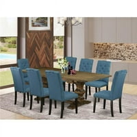 Kelet-nyugati bútor LAEL9-71- 9-darab étkezőasztal székkel?s lábak és ásványi kék vászon szövet étkező székek nyolc