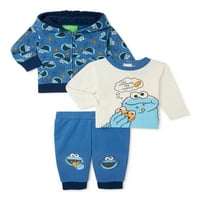 Cookie Monster Baby Boys gyapjú kapucnis és kocogók, 3-pc. Ruhakészlet, méret 0 3m-24m