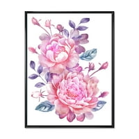 Designart 'rózsaszín retro virágok kék levelekkel fehér' hagyományos keretes vászon fali művészet nyomtatás