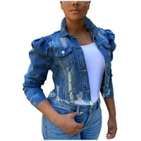 Kabát divat Női szilárd gomb elhasználódik hosszú Puff ujjú farmer dzseki kabát kék 5XL Női olcsó felöltő
