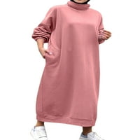 Grianlook Női pulóver ruha egyszínű hosszú Maxi ruhák magas nyakú Alkalmi ujjú Női Bagy Fleece sima vastag rózsaszín