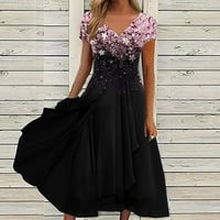 Női ruhák virágos nyomtatás rövid ujjú rakott Flowy ruhák fekete 12