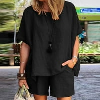 CofeeMO Női felsők és rövidnadrág készletek divat Egyszínű O-nyakú Rövid ujjú blúzok nyári alkalmi rövid nadrág zsebekkel