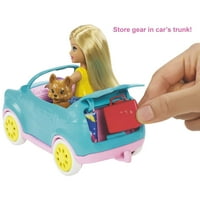 Barbie Club Chelsea Camper Playset, Szőke Kis baba, kiskutya, autó & 10 + kiegészítők, nyitott Kemping
